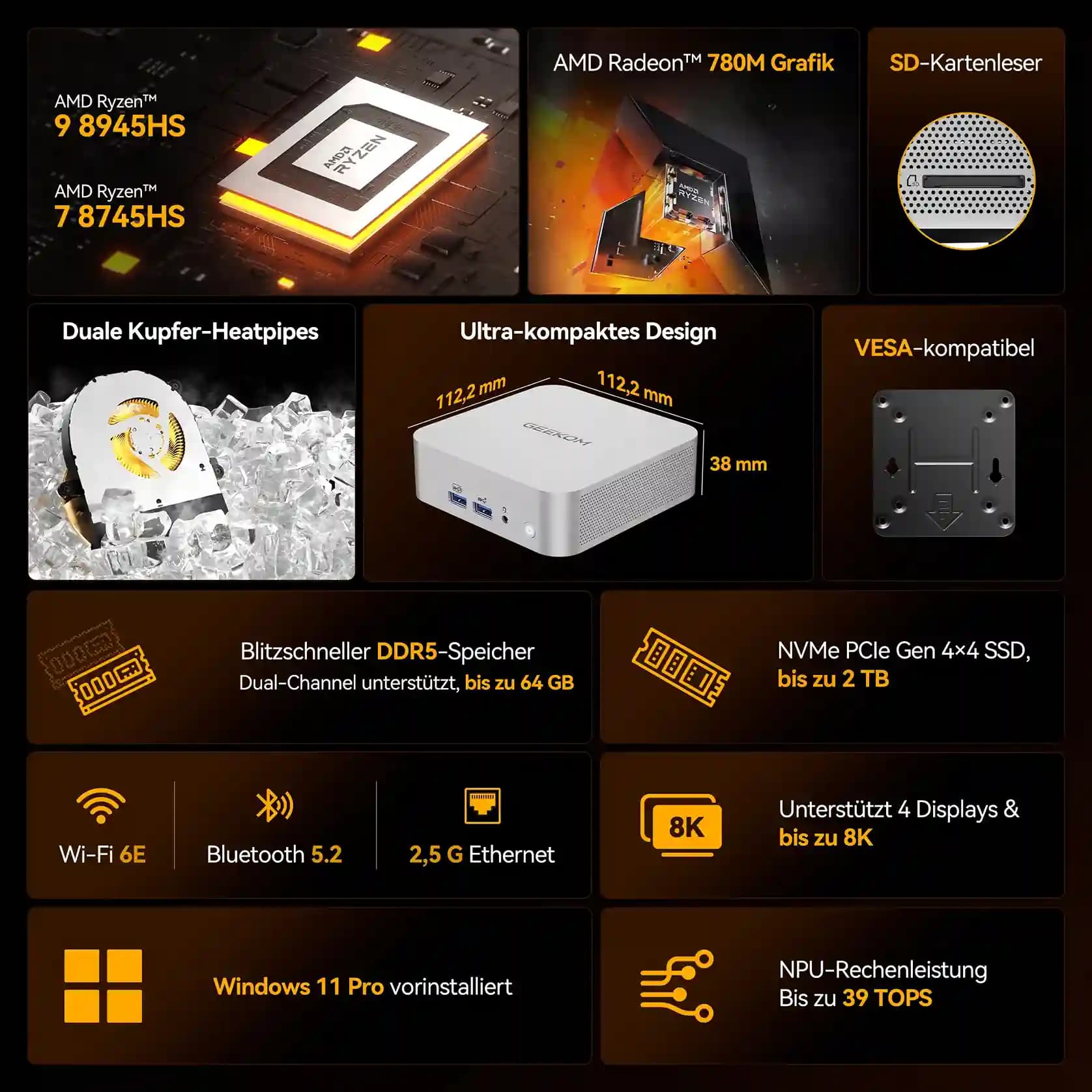 GEEKOM A8 Mini-PC | AMD R7-8745HS | R9-8945HS