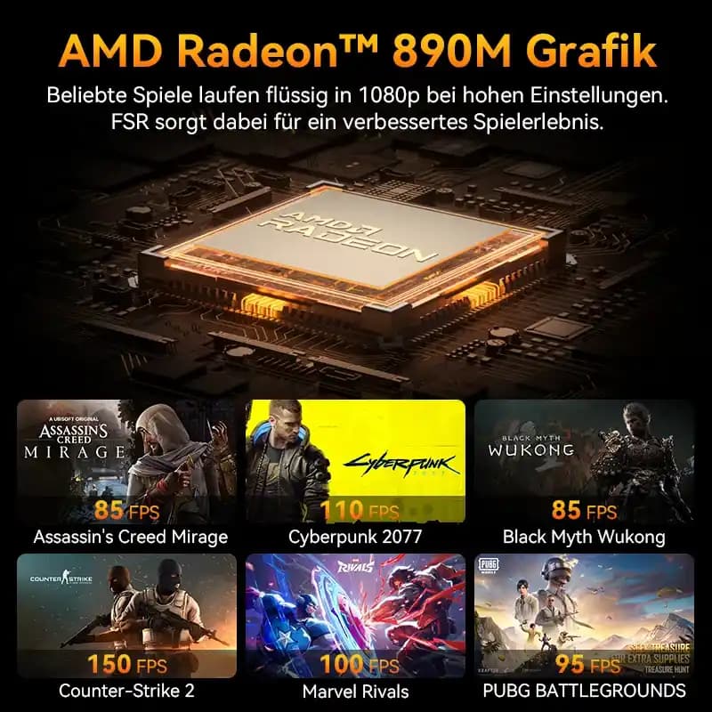 Geekom A9 MAX Mini PC: Ausgestattet mit einer AMD Radeon 890M Grafik, laufen beliebte Spiele flüssig in 1080P-Einstellungen.
